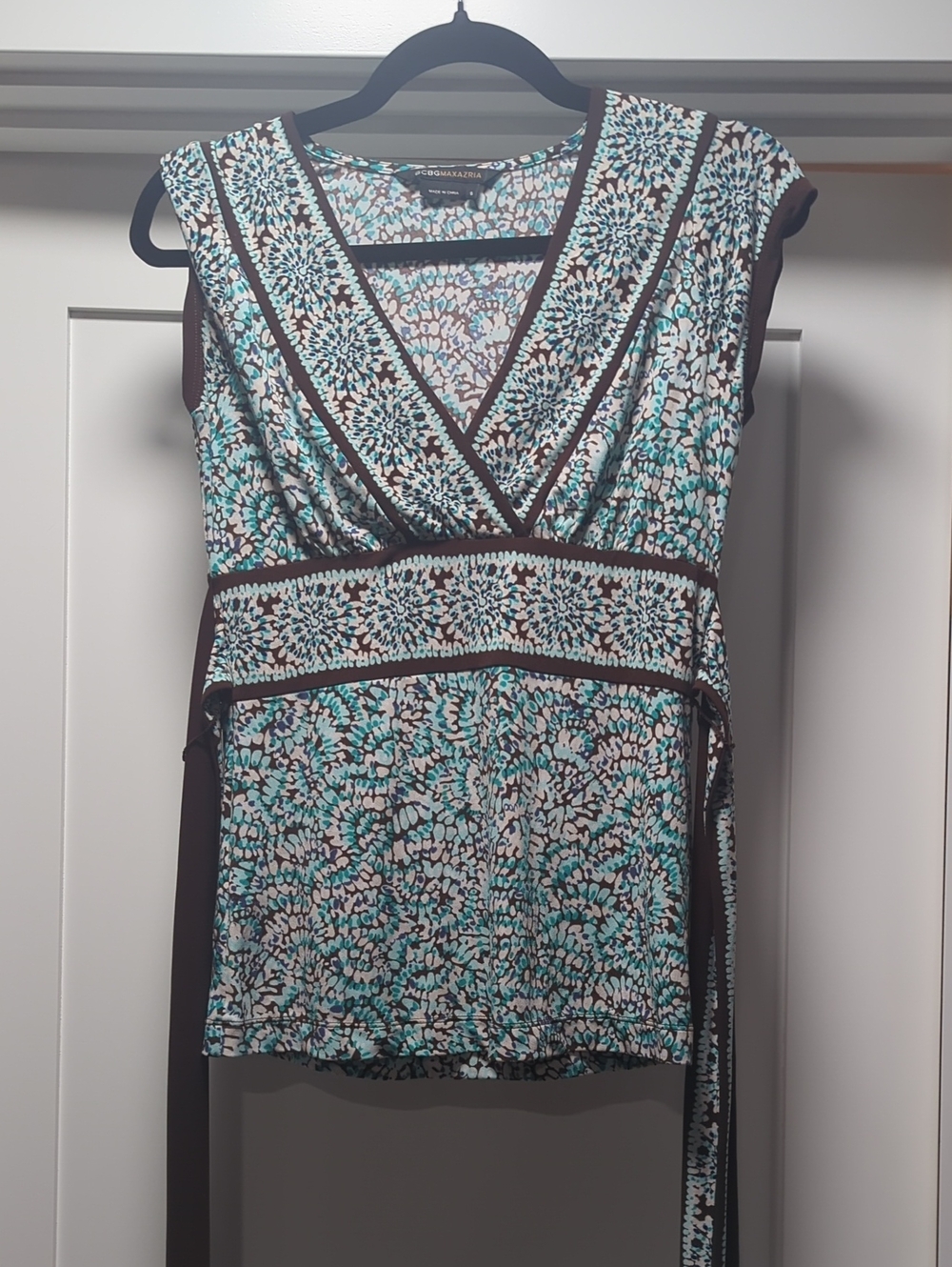 BCBGMaxAzria Teal, Brown and White Floral Wrap Top